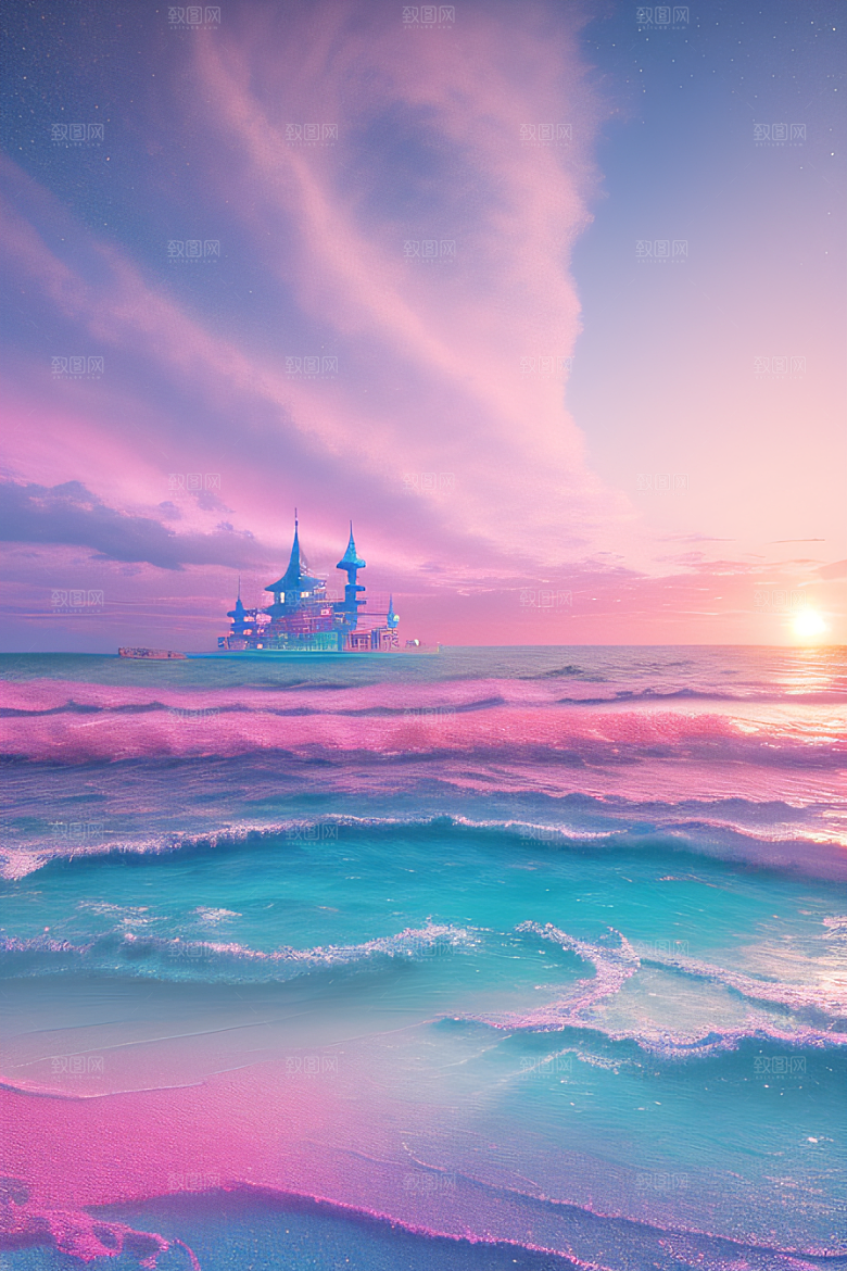 海滩上的粉色落日