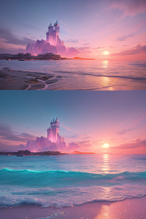 海滩上的粉色落日