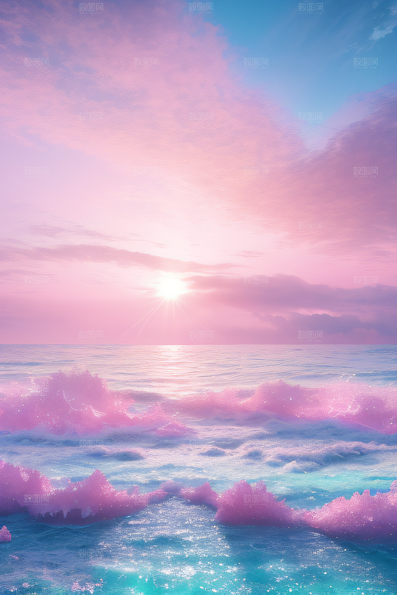 海滩上的粉色落日