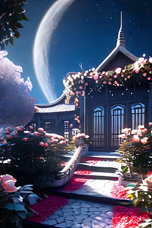 玫瑰花径下的古宫星空照耀如白昼