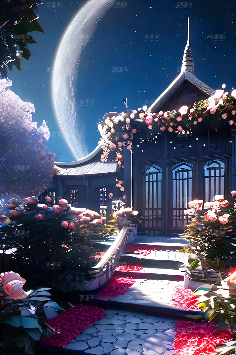 玫瑰花径下的古宫星空照耀如白昼