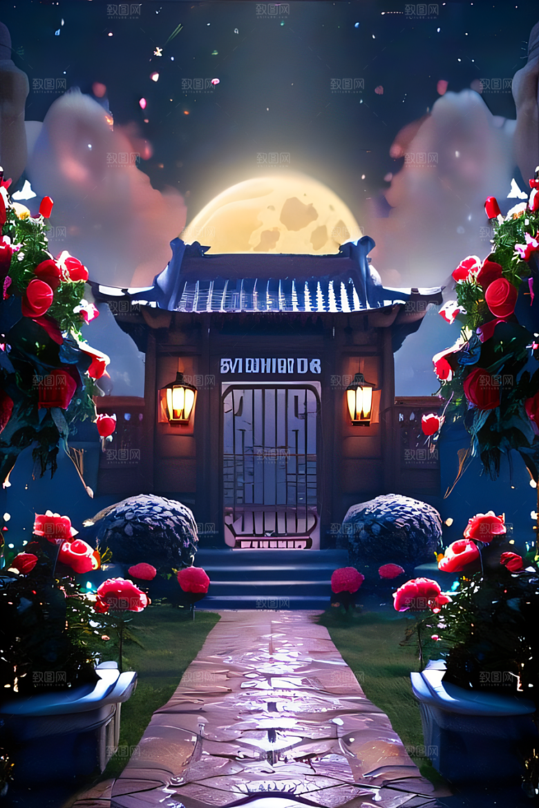 玫瑰花径下的古宫星空照耀如白昼