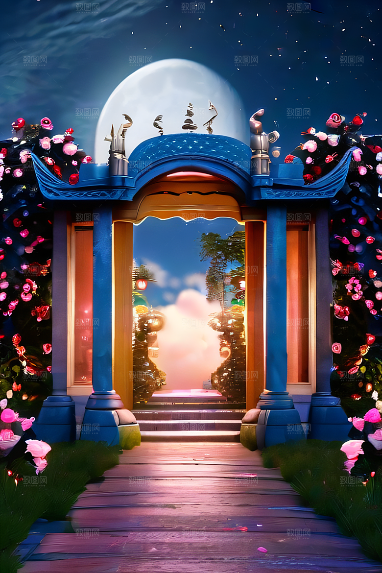 玫瑰花径下的古宫星空照耀如白昼