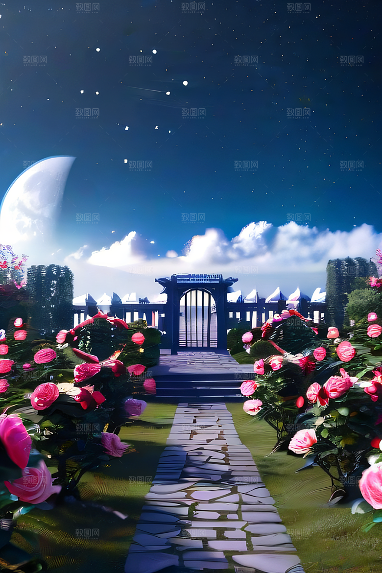 玫瑰花径下的古宫星空照耀如白昼