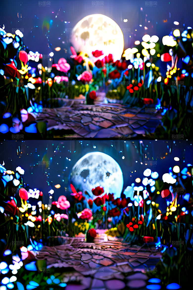 美丽神秘的古宫璀璨玫瑰点亮夜空