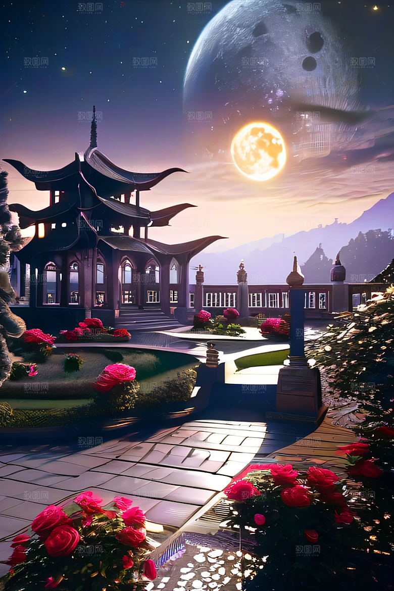 美丽神秘的古宫璀璨玫瑰点亮夜空