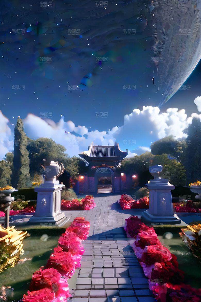 美丽神秘的古宫璀璨玫瑰点亮夜空