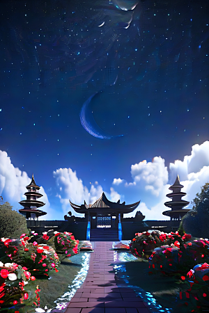 美丽神秘的古宫璀璨玫瑰点亮夜空