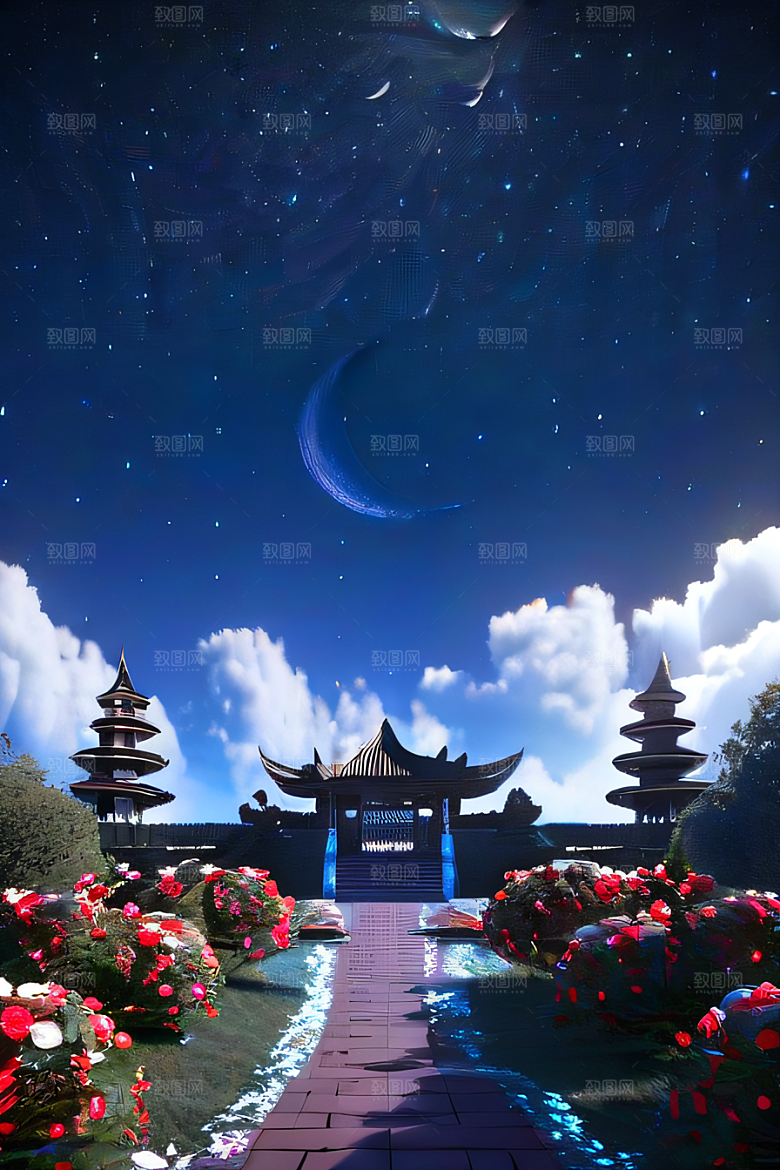 美丽神秘的古宫璀璨玫瑰点亮夜空