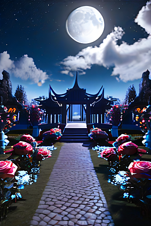 中国风神话古宫玫瑰环绕如梦似幻