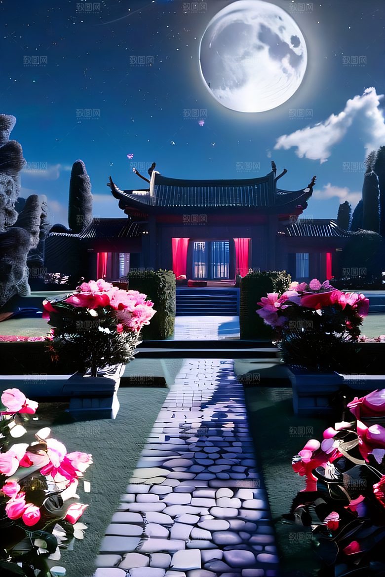 中国风神话古宫玫瑰环绕如梦似幻