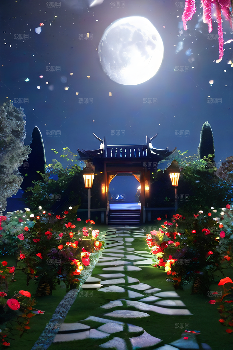 中国风神话古宫玫瑰环绕如梦似幻