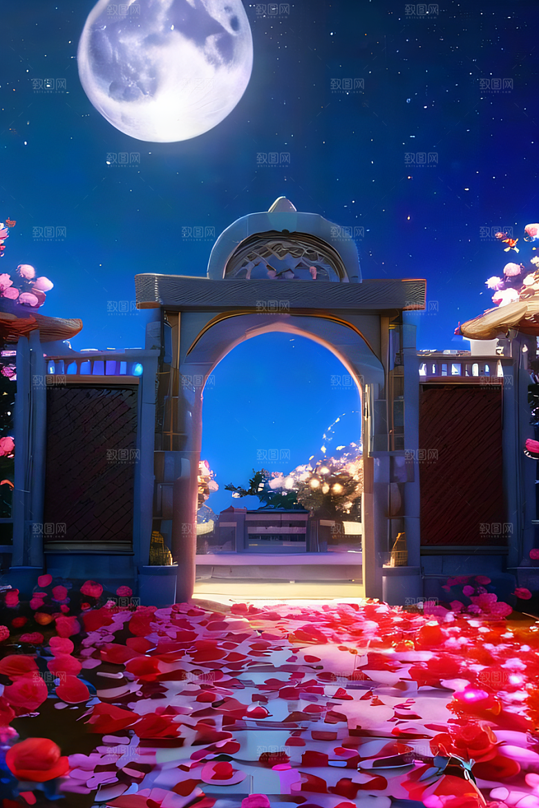 中国风神话古宫玫瑰环绕如梦似幻