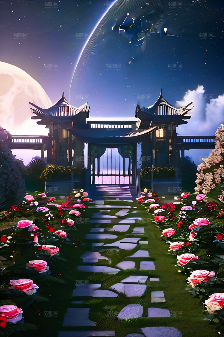 中国风神话古宫玫瑰环绕如梦似幻