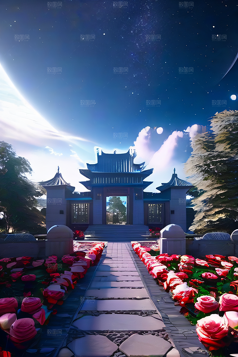 中国风神话古宫玫瑰环绕如梦似幻