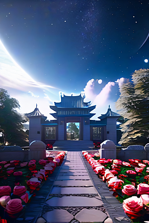 中国风神话古宫玫瑰环绕如梦似幻