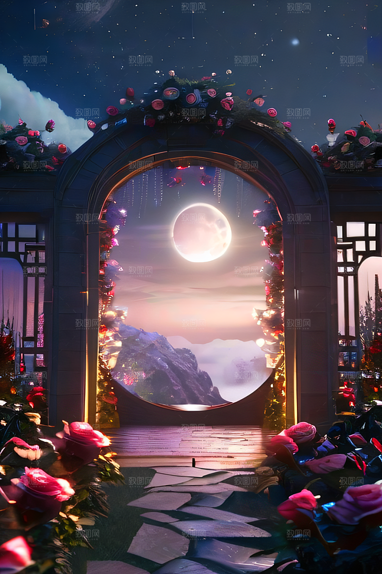 中国风神话古宫玫瑰环绕如梦似幻