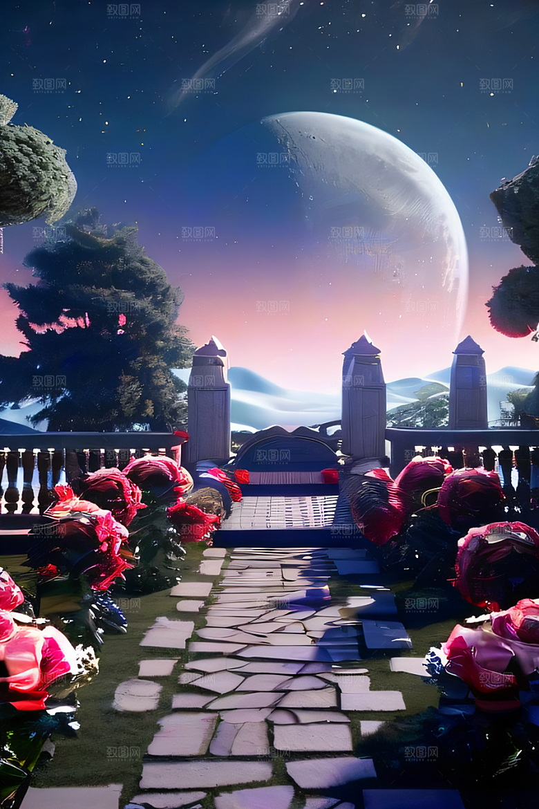中国风神话古宫玫瑰环绕如梦似幻