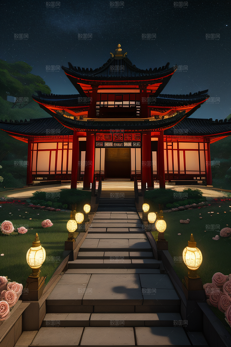 玫瑰花径下的古宫星空照耀如白昼