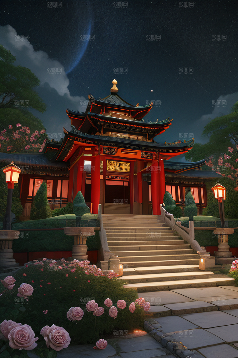 玫瑰花径下的古宫星空照耀如白昼