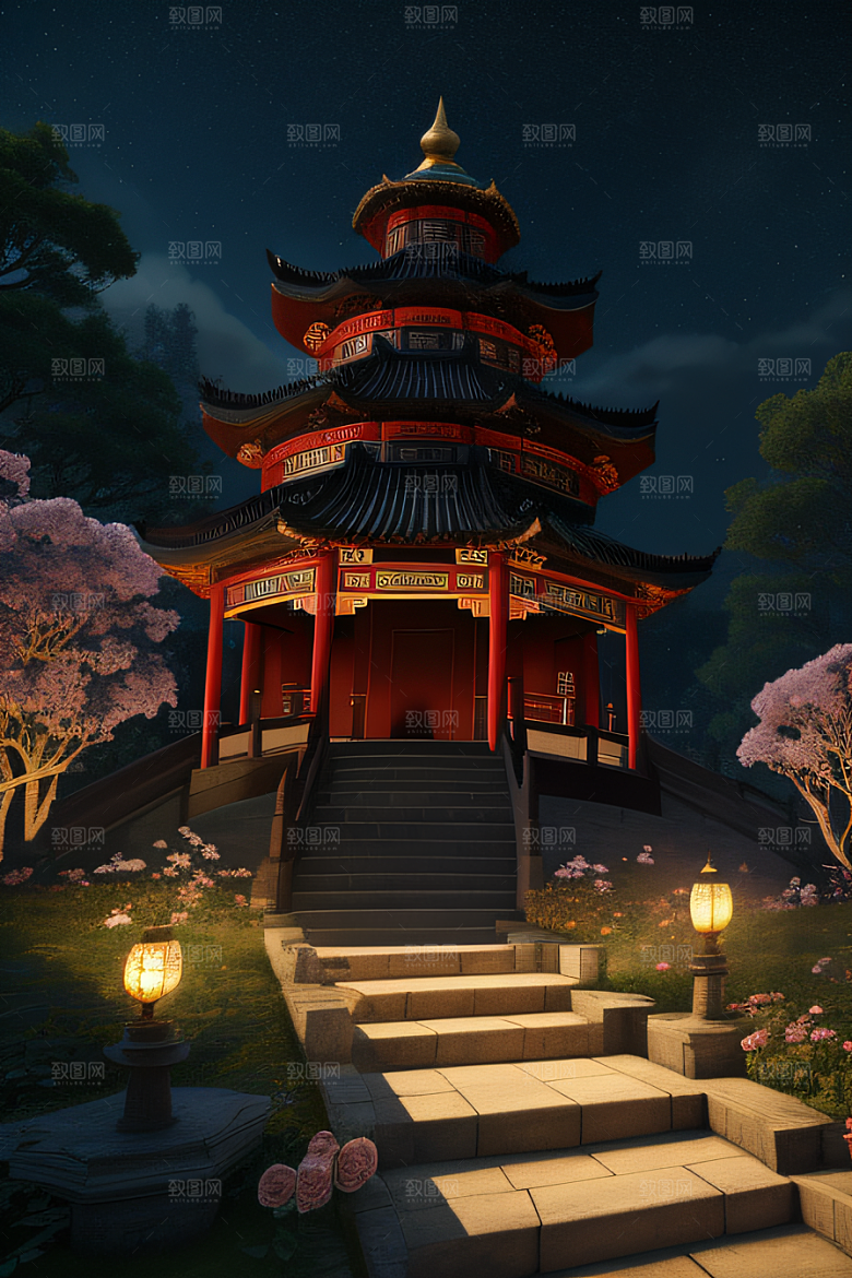 玫瑰花径下的古宫星空照耀如白昼