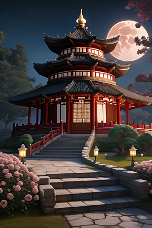 玫瑰花径下的古宫星空照耀如白昼