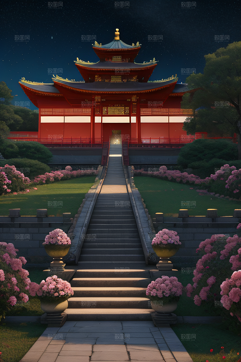 玫瑰花径下的古宫星空照耀如白昼
