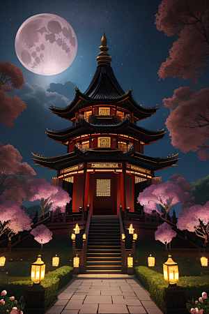 玫瑰花径下的古宫星空照耀如白昼