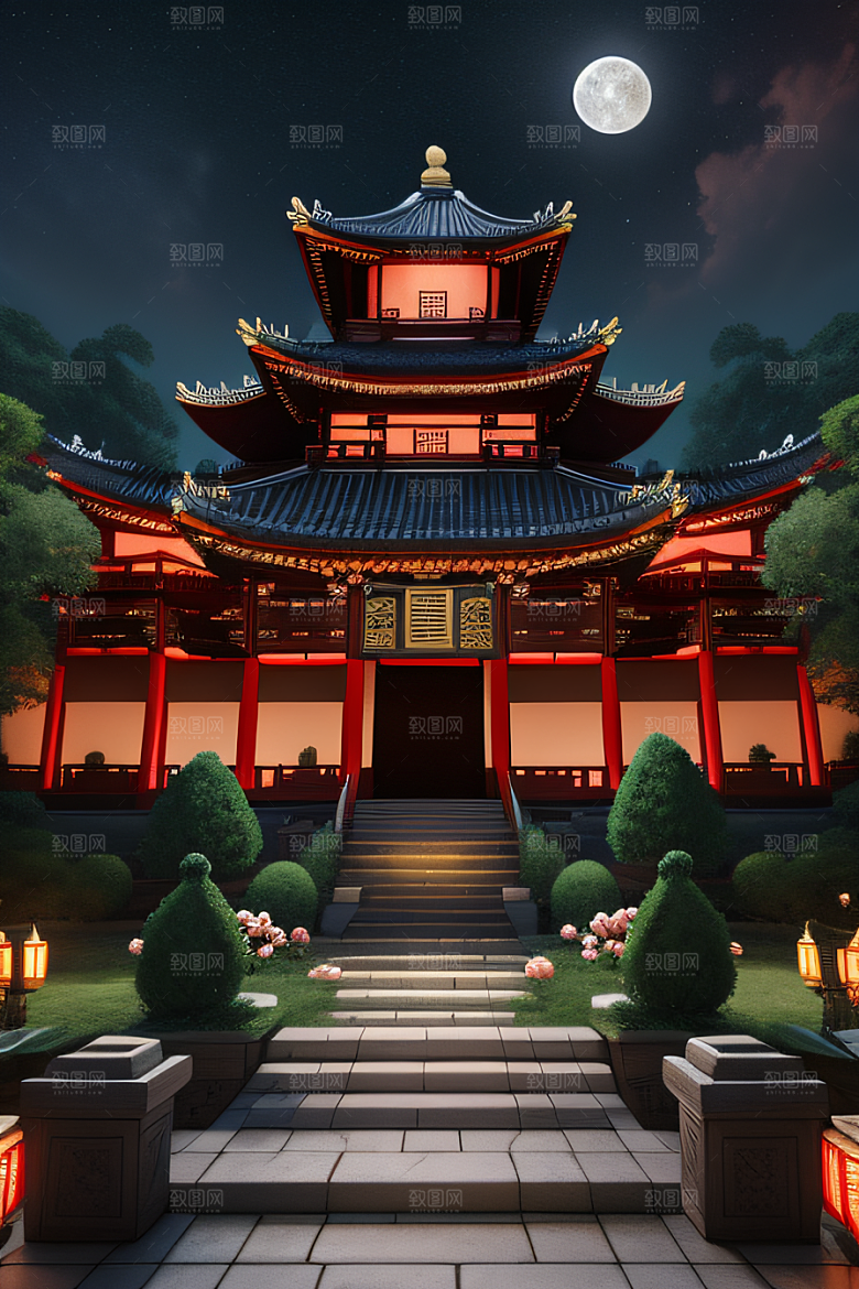 玫瑰花径下的古宫星空照耀如白昼
