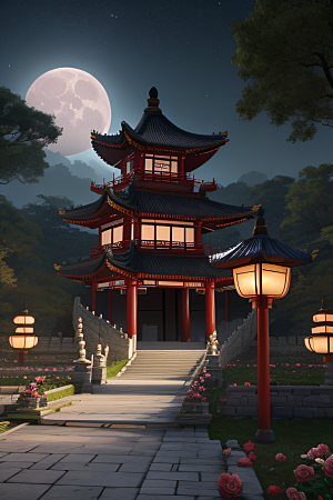 玫瑰花径下的古宫星空照耀如白昼