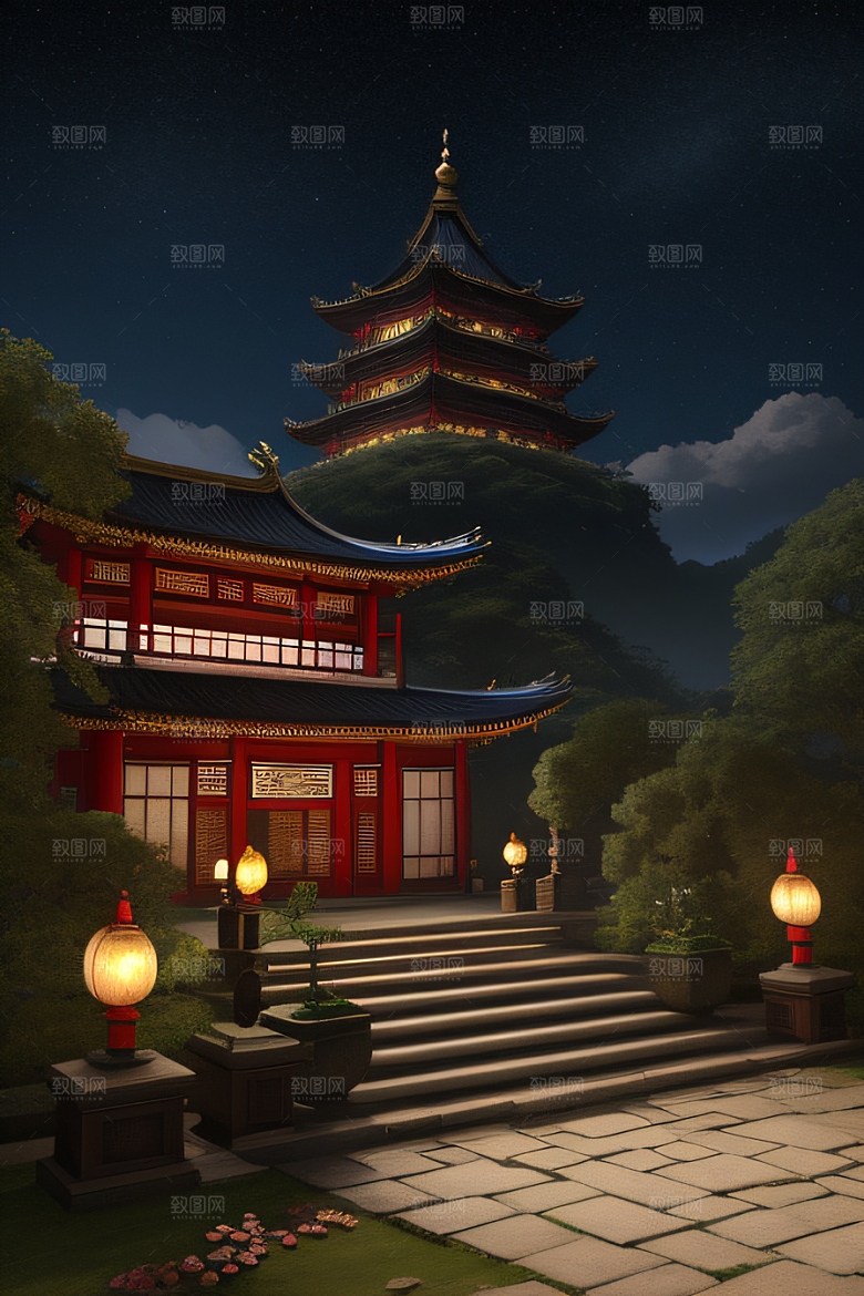 玫瑰花径下的古宫星空照耀如白昼
