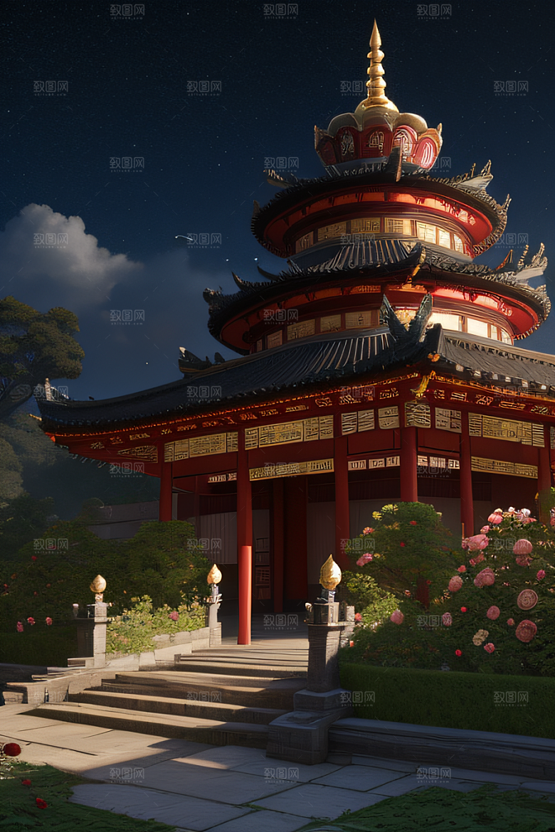 玫瑰花径下的古宫星空照耀如白昼