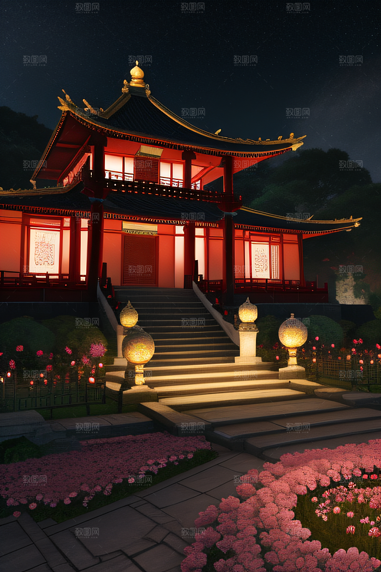美丽神秘的古宫璀璨玫瑰点亮夜空