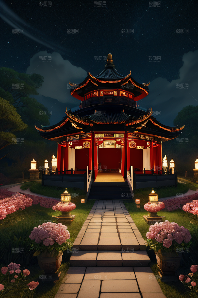 美丽神秘的古宫璀璨玫瑰点亮夜空