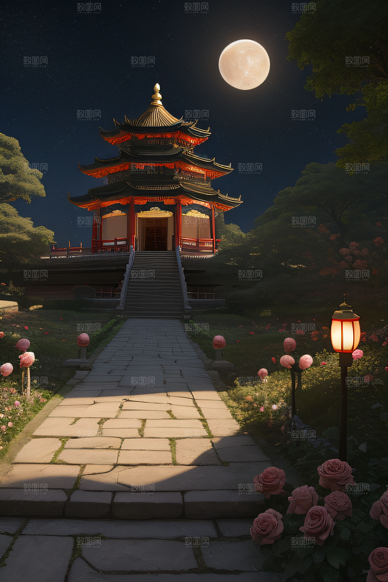 美丽神秘的古宫璀璨玫瑰点亮夜空