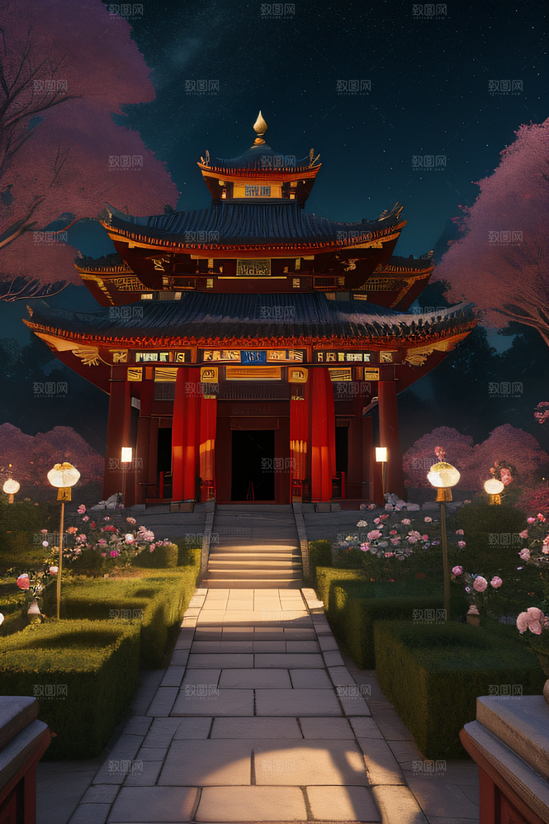 美丽神秘的古宫璀璨玫瑰点亮夜空