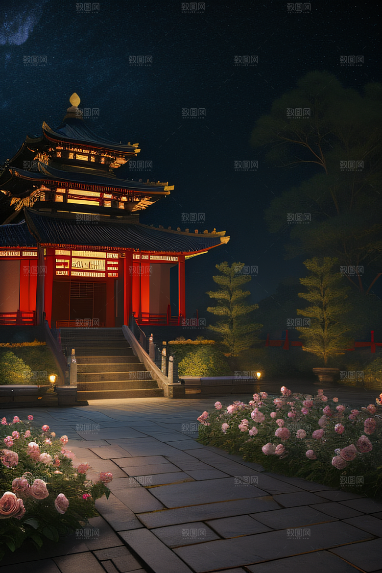 中国风神话古宫玫瑰环绕如梦似幻