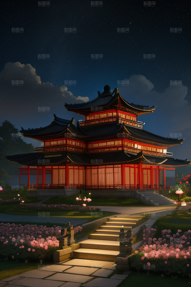 中国风神话古宫玫瑰环绕如梦似幻