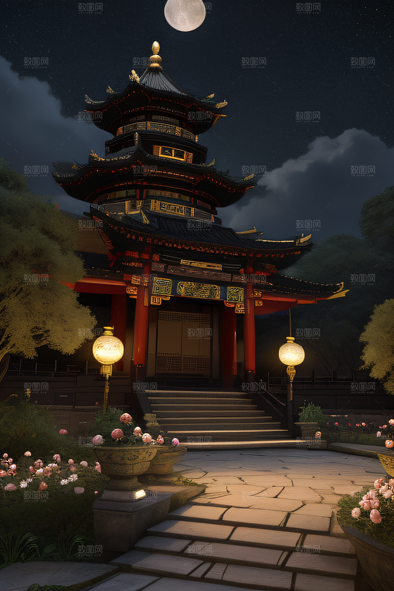 中国风神话古宫玫瑰环绕如梦似幻