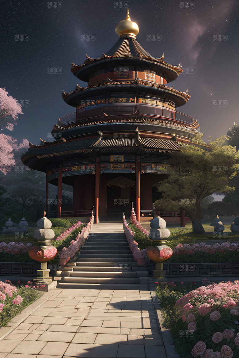 中国风神话古宫玫瑰环绕如梦似幻