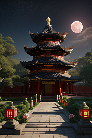 中国风神话古宫玫瑰环绕如梦似幻