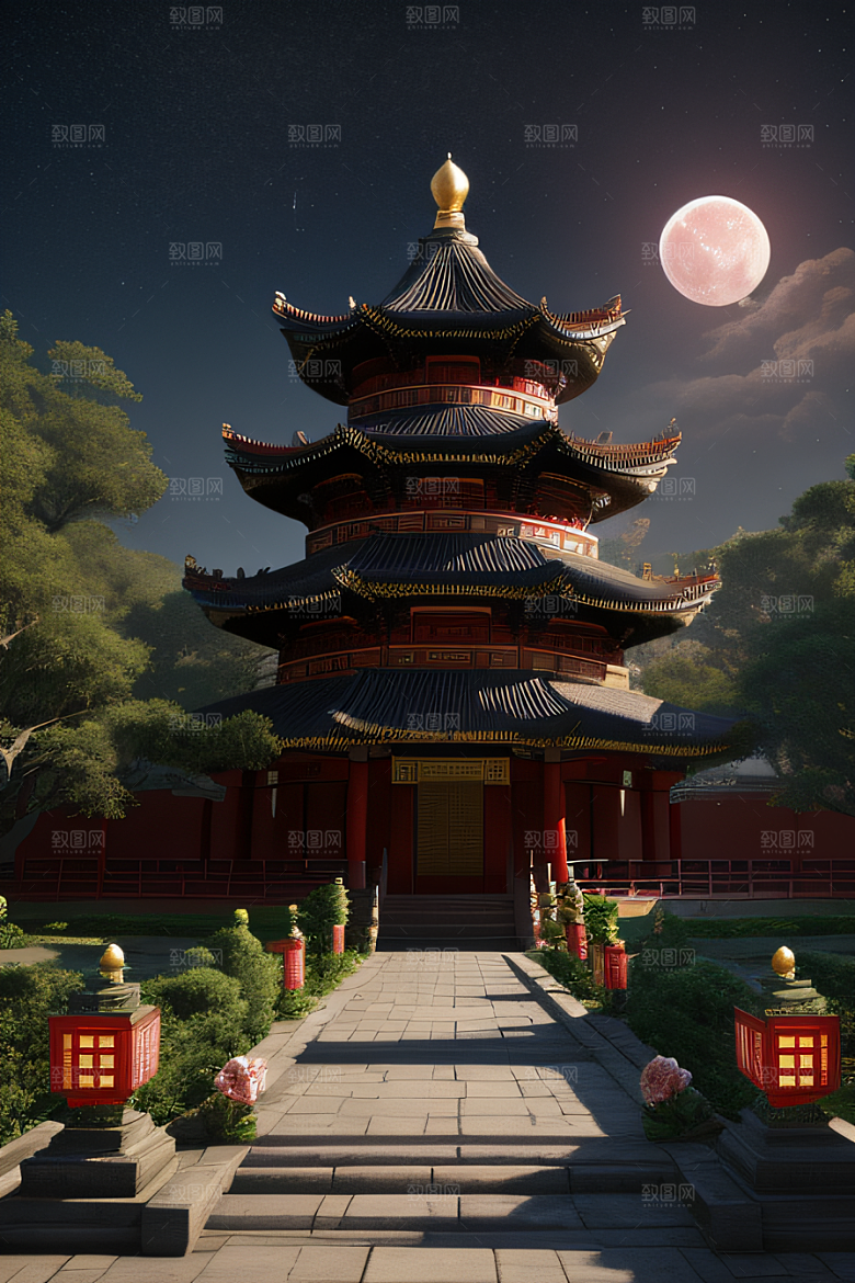 中国风神话古宫玫瑰环绕如梦似幻