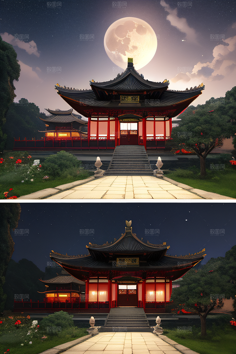 中国风神话古宫玫瑰环绕如梦似幻