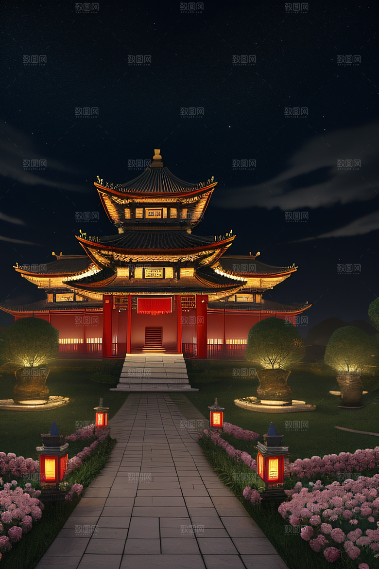 中国风神话古宫玫瑰环绕如梦似幻