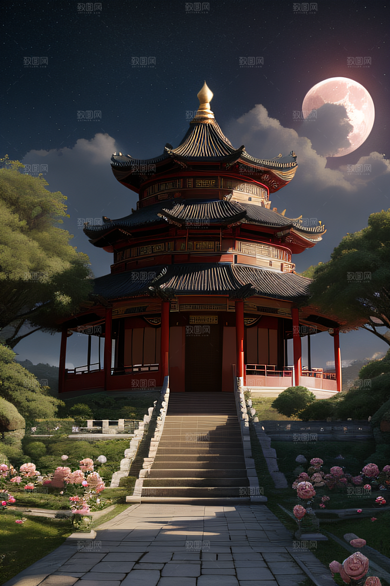 中国风神话古宫玫瑰环绕如梦似幻