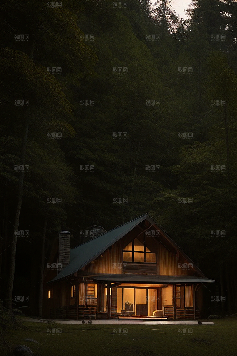 亮着灯光的小木屋