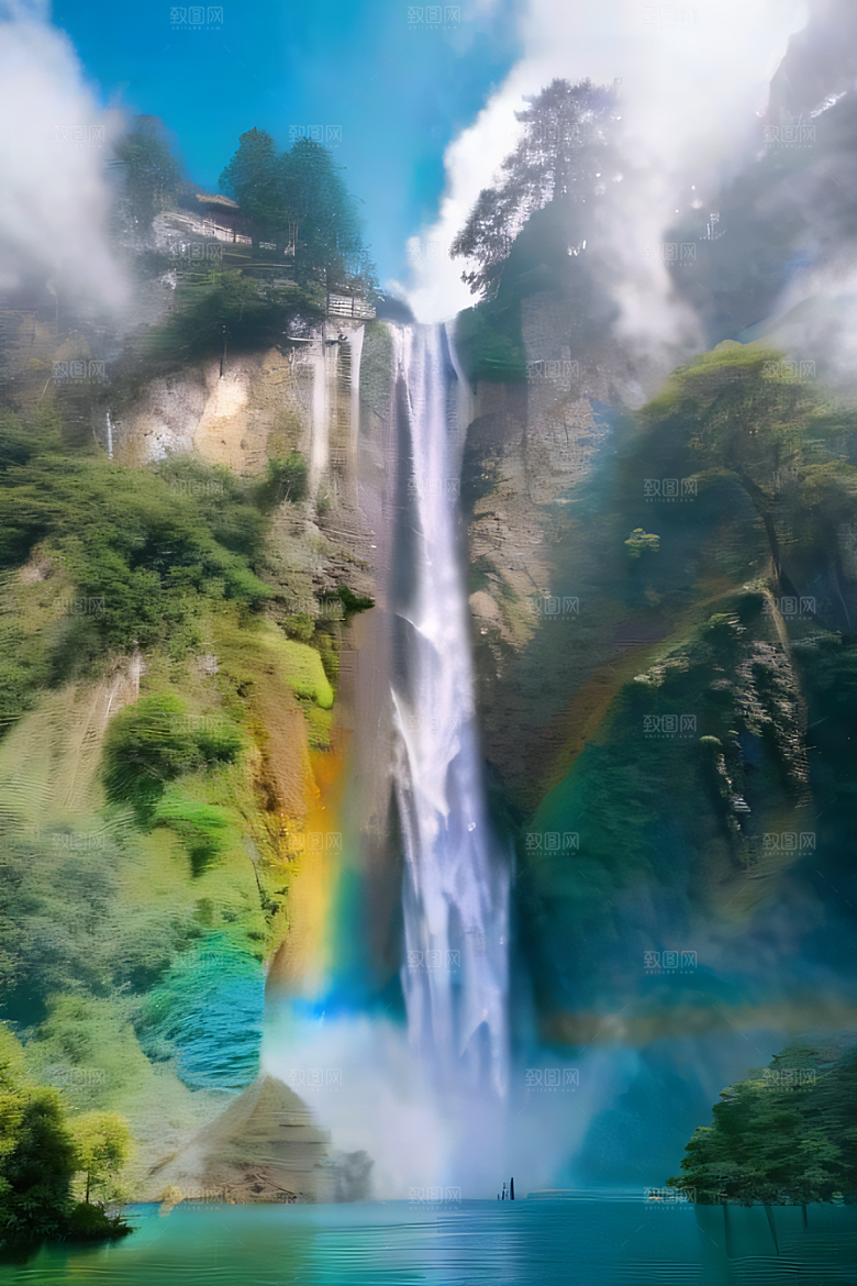 体积光绘画梦幻宫殿下的彩虹瀑布