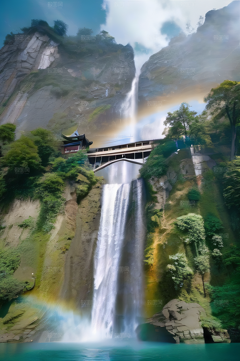 体积光绘画梦幻宫殿下的彩虹瀑布