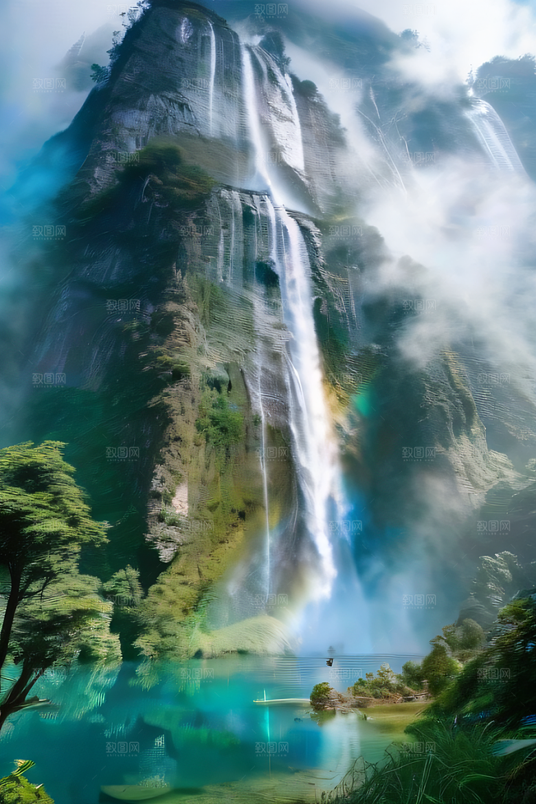 体积光绘画梦幻宫殿下的彩虹瀑布