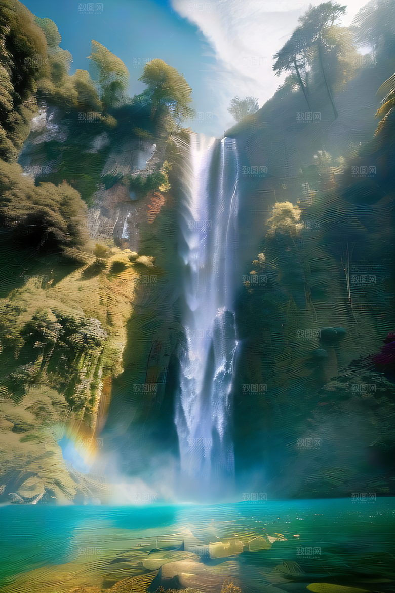 体积光绘画梦幻宫殿下的彩虹瀑布